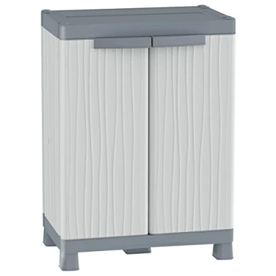 Afbeelding van Terry, Base 700 UW, kast met 2 deuren, legplanken, ophangmanden, voor binnen en buiten. Kleur: grijs, materiaal: kunststof, afmetingen: 43,8x70x97,6 cm, lichtgrijs/donkergrijs, 8x97,6x70 cm
