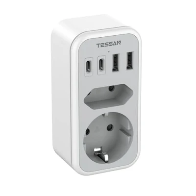 Afbeelding van TESSAN Dubbele Stekker voor Stopcontact, 6 in 1 Stopcontactadapter met 2 USB C en A, Meervoudige 3600W, Stopcontact Telefoon, C, Grijs