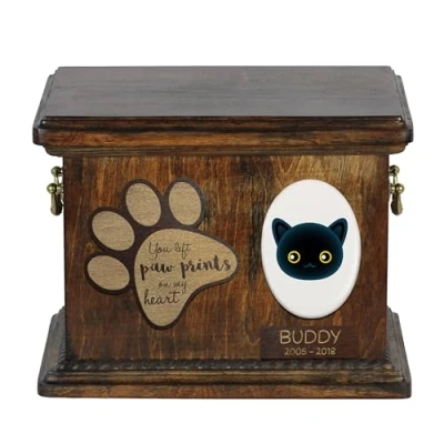 Afbeelding van Art Dog Custom Cat Memorial Urn Handgemaakte houten kist met keramische plaat Gepersonaliseerde kattencrematiedoos 8,3x11,4x8,7 Bombay