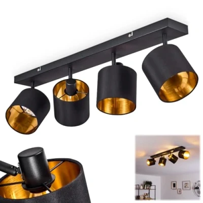 Afbeelding van plafondlamp Alsen, van metaal/stof in zwart/goud, 4 lampen, met verstelbare spots, x E14, spot stoffen kap retro/vintage design, zonder gloeilampen