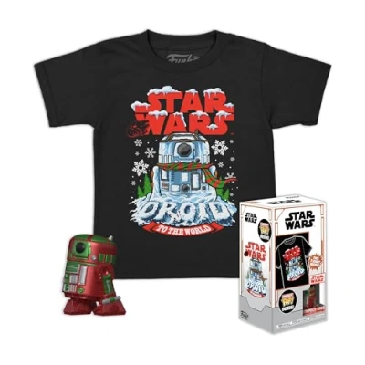 Afbeelding van Funko Pocket POP! &amp; Tee: Star Wars Holiday R2D2 Metallic Medium T Shirt Kleding met Verzamelbare Vinyl Minifiguur Cadeauidee Speelgoed en Korte Mouw Top voor Volwassenen, Unisex Mannen
