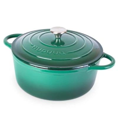 Afbeelding van Gietijzeren Pot met Deksel Anti aanbaklaag, Ovenbestendig, Geëmailleerde Braadpot Robuust Kookgerei Donkergroen 6L Van Nuovva