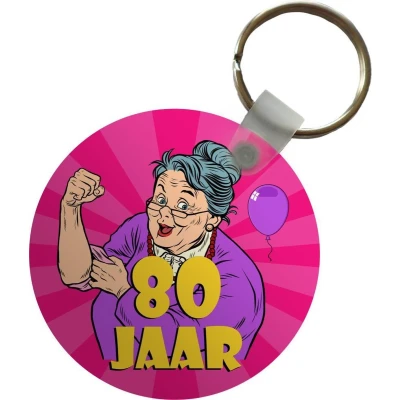 Afbeelding van Sleutelhanger Verjaardag Jubileum Vrouw 80 Jaar Plastic Rond Uitdeelcadeautjes