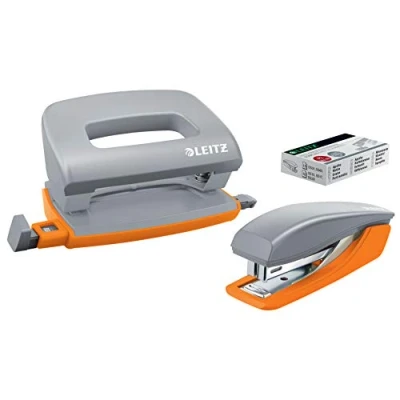 Afbeelding van Leitz Mini Nietmachine + Perforator Niet Tot 10 Vel Voor Mappen En Ringbanden Inclusief Nietjes Ideaal School Of Studie Grijs/Oranje