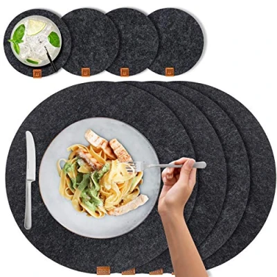 Afbeelding van Design ronde placemats van vilt, afwasbaar, met merken echt leer, label en glasonderzetters, 4 placemats, onderzetters, rood of grijs, voor paasdecoratie, vilten mat, afwasbaar
