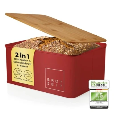 Afbeelding van Lumaland Cuisine Broodtrommel Metaal met bamboe deksel Rechthoekig 30,5 x 23,5 14 cm Rood
