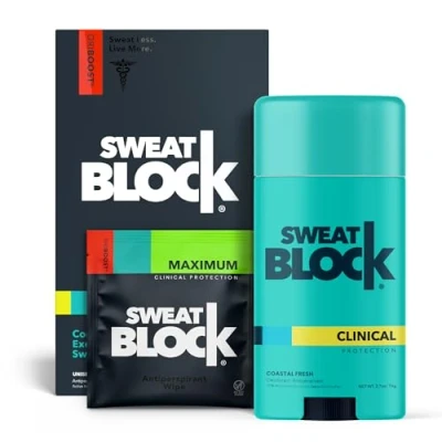Afbeelding van SWEATBLOCK CLINICAL Anti transpirant Deodorant 2 stappensysteem voor mannen en vrouwen. Hyperhidrose, overmatig zweten okselgeur behandelen (10) DRIBOOST [PM] Antitranspiratiedoekjes + (1) Deodorantstick dagelijks gebruik [AM]