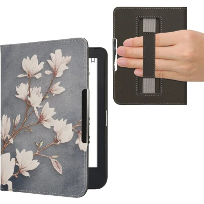 Afbeelding van kwmobile E reader hoesje geschikt voor Kobo Clara 2E hoes flip case met magneetsluiting Ereader cover Magnolia design in taupe / wit blauwgrijs