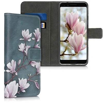 Afbeelding van kwmobile telefoonhoesje geschikt voor Google Pixel 3a Backcover smartphone Hoesje met pasjeshouder in taupe / wit blauwgrijs Magnolia design