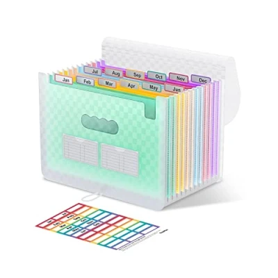 Afbeelding van ThinkTex Accordeon File Organizer, 12 vakken uitbreidende bestandsmappen, draagbare maandelijkse factuur ontvangstbewijsorganizer, kleurrijke tabbladen, brief/A4 formaat