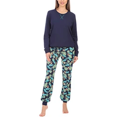 Afbeelding van Merry Style MS MS10 168 PJ Dames Pyjama ronde hals lange mouwen broek met zakken Katoen Marineblauwe/Blaadjes XL