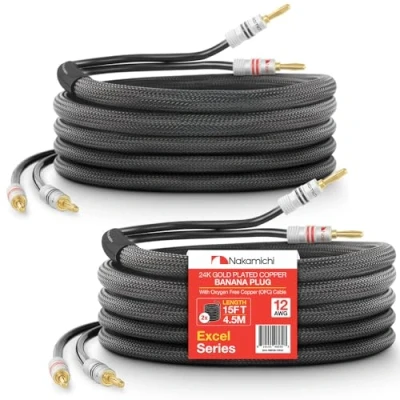 Afbeelding van Nakamichi Excel serie 24K vergulde bananenstekker 99,9% zuurstofvrij koper (OFC) zwaar gevlochten voor luidsprekerkabel versterker, in de muur CL2 beoordeeld Zwart (12AWG / 15ft 4,5 m) 2 Pack