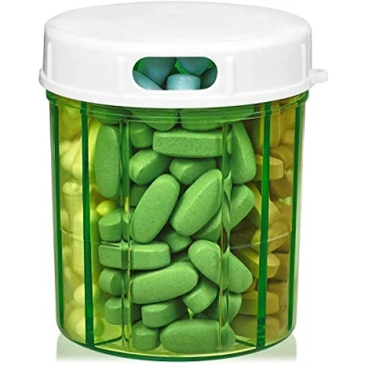 Afbeelding van Pill Organizer Dispenser with 4 Compartments, Holder for Medication, Vitamins &amp; Supplements Round Bottle Daily Case Reminder Box