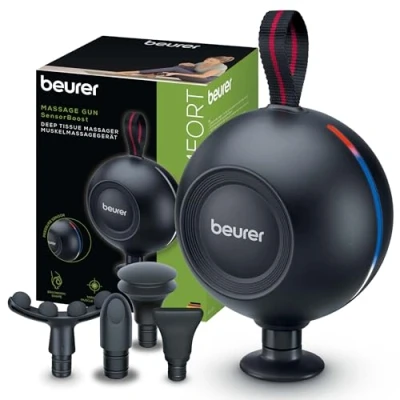 Afbeelding van Beurer MG 101 SensorBoost massagepistool, ergonomisch en compact design, stille krachtige triggerpointmassage voor ontspanning regeneratie, spiermassageapparaat met druksensor, 5 opzetstukken