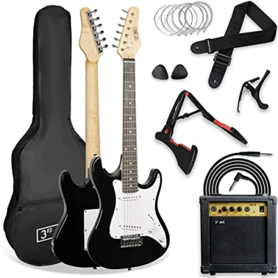 Afbeelding van 3rd Avenue XF 3/4 formaat elektrische gitaar, ultieme kit met 10W versterker, kabel, statief, gigbag, gitaarband, reservesnaren, plectrums, capo zwart