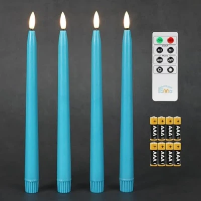 Afbeelding van Fanna Vlamloze conische kaarsen met timer, op batterijen werkende led echte was afgewerkt, afstandsbediening en inbegrepen H 11 in set van 4 (turquoise)