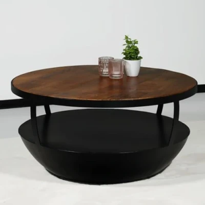 Afbeelding van Salontafel rond mangohout Kayleigh 80x80 bruin side table industrieel bijzettafel mango hout