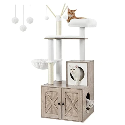 Afbeelding van Feandrea Krabpaal met kattenbak, 2 in 1 kattenboom, verborgen kattentoilet, sisalstammen, afneembare pluche ballen, Greige PCT113G01