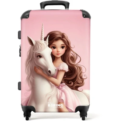 Afbeelding van NoBoringSuitcases.com® Kinderkoffer Meisje Kindertrolley meisjes met witte eenhoorn op roze achtergrond Koffer kind groot Rolkoffer lichtgewicht Reiskoffer 4 wielen Grote trolley XL 20 kg bagage