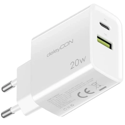 Afbeelding van deleyCON oplader USB A en C (2 poorten 20 W snellader) voeding voor iPhone 15/14/13/12/11 iPad Galaxy S24/S23 Pixel mobiele telefoon PD 3.0 wit