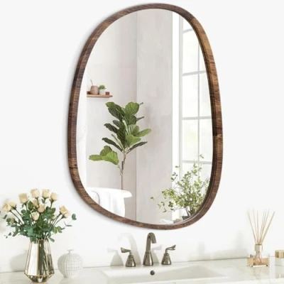 Afbeelding van Hangende wandspiegel onregelmatige ovale spiegel moderne houten frame unieke vorm asymmetrische muur ijdelheid artistieke decoratie voor slaapkamer badkamer woonkamer entree hal