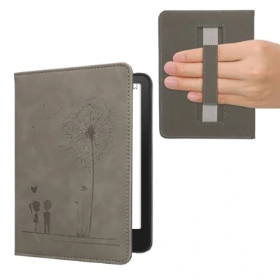Afbeelding van kwmobile ereader hoesje van kunstleer geschikt voor Amazon Kindle Paperwhite (2024)/Colorsoft Met magneetsluiting In grijs Paardenbloemen Liefde design