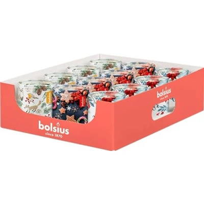 Afbeelding van Bolsius Geurkaarsen in glas met opdruk 12 stuks 23 branduren verschillende geuren kerstdecoratie