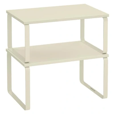 Afbeelding van SONGMICS Kruidenrek, set van 2 keukenorganizer, keukenplank, kastorganizer keuken, uitbreidbaar, kleine plank, stapelbaar, materiaal metaal en hout, crèmewit KCS002W02