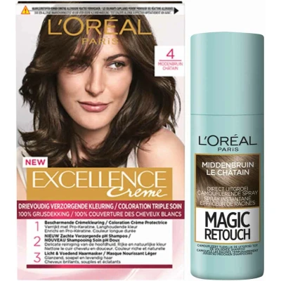 Afbeelding van L&#039;Oréal Excellence Creme Haarverf 4 Middenbruin + Magic Retouch Uitgroeispray 75 ml Pakket