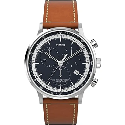Afbeelding van Timex Heren Waterbury Classic Chrono 40 mm roestvrijstalen quartz dresswatch met leren band, bruin, 20 TW2V30800