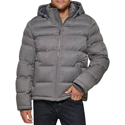 Afbeelding van Tommy Hilfiger Klassieke donsjack met capuchon voor heren (standaard en groot lang) alternatieve buitenkledingjas, Hei Grijs, XS