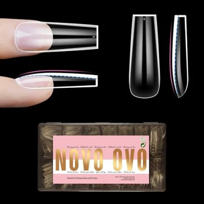 Afbeelding van NOVO OVO L Natuurlijke vierkante nageltip voor platte nagels, gevormde ballerina gebogen extra dikke lange kunstnagels, volledige afdekking x 15 maten, 450 stuks