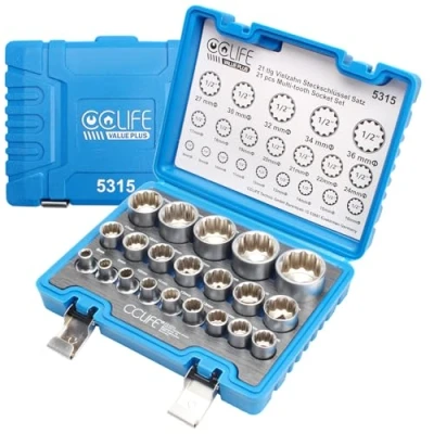 Afbeelding van CCLIFE 21 delige 1/2&#039; 12 kant torx dopsleutelset, 8 36 mm Crv staal inch dopsleutelinzetstukken met externe moerdoos