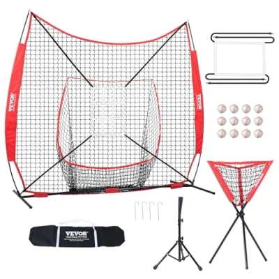 Afbeelding van VEVOR 2,1 x m honkbal softbal oefennet, draagbaar honkbaltrainingsnet voor het slaan van vangen, backstop apparatuur met boogframe, draagtas, slagzone, 12 ballen, T stuk en balverzamelaar