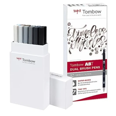Afbeelding van Tombow ABT dual brush tekenpennen (set van 12) grijze kleuren. Tijdelijk: 3 MONO cadeau