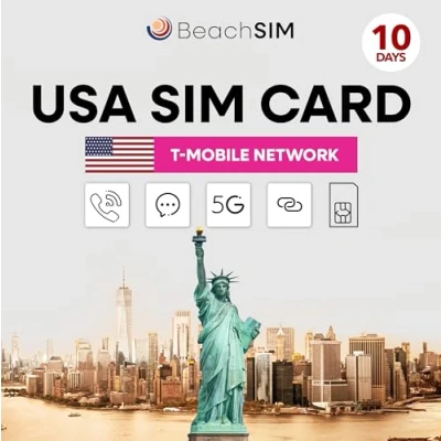 Afbeelding van BeachSIM USA Travel SIM Card 10 days. Onbeperkt data, bellen &amp; sms&#039;en. Hotspot tot apparaten. T Mobile Netwerk. Compatibel met IOS en Android