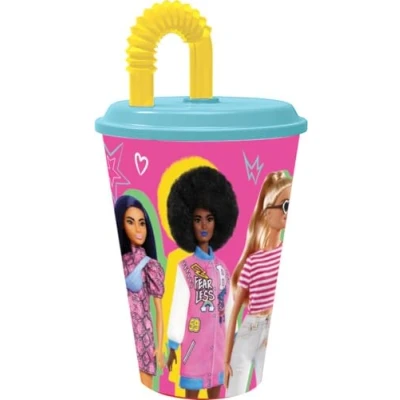 Afbeelding van Barbie Drinkbeker voor meisjes, roze en blauw, kunststof, 430 ml, met rietje flexibel deksel