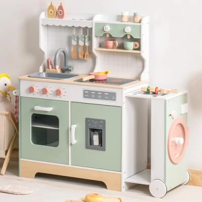 Afbeelding van ROBUD Kinderkeuken van hout met koffiezetapparaat, ijsblokjesmachine, barbecue, servies en speelgoed geschikt voor kinderen vanaf 3 jaar