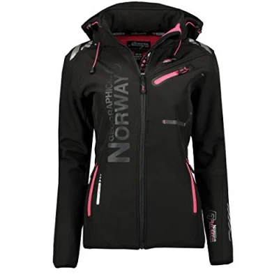 Afbeelding van Geographical Norway REINE BELL Damesjas, softshelljas voor dames, winter, fleecejack met capuchon, kleding, waterdichte jas lange mouwen, damesparka, Zwart, L