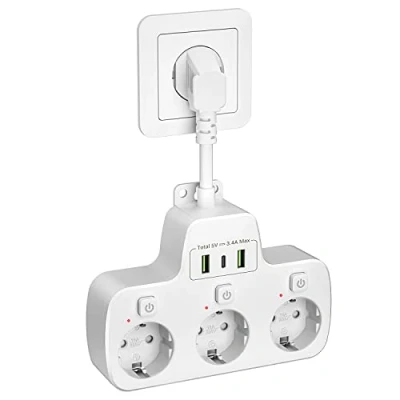 Afbeelding van Stekkerdoos met USB 3 voudig, Stekker C Wandmontage Stopcontact Splitter Stekkerblok schakelaar en 0.1m kabe 16A/4000W Voedingsbord kinderbeveiliging Stopcontactverdeler