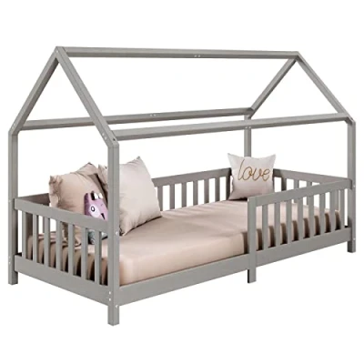 Afbeelding van IDIMEX Huisbed Nina van massief grenen, mooi Montessori bed in 90 x 200, minimalistisch kinderbed met dak grijs