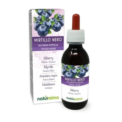Afbeelding van Blauwe bosbes (Vaccinium myrtillus) vruchten Alcoholvrije moedertinctuur Naturalma Vloeibaar extract druppels 120 ml Voedingssupplement Veganistisch