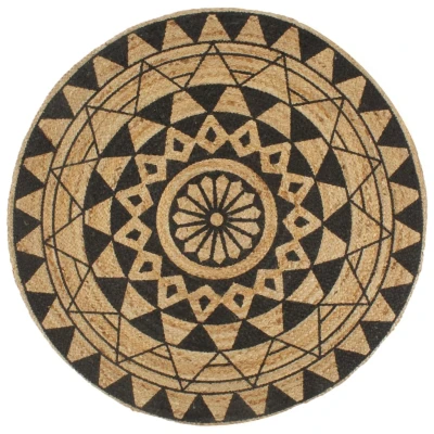 Afbeelding van Vloerkleed handgemaakt met zwarte print 120 cm jute