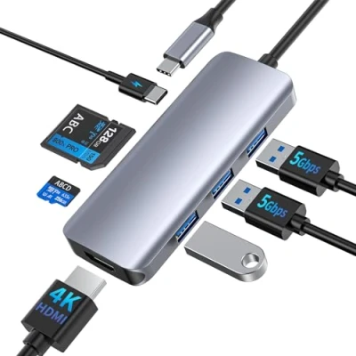 Afbeelding van USB C hub, 7 in 1 HDMI adapter met 4K HDMI, 3 3.0, 100 W Power Delivery, SD/TF kaartlezer voor MacBook Pro/Air, iPad Pro, XPS en meer Type laptops