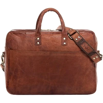 Afbeelding van SID &amp; VAIN grote laptoptas echt leer 15 inch laptop zakelijke tas Cedar schoudertas aktetas met schouderriem leren heren en dames bruin handgemaakt, Vintage lichtbruin, L