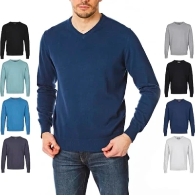 Afbeelding van Castle Point Mannen CSPKNT004 100% Katoen Soft Touch V hals Gebreide Jumper Trui, Denim Blauw, 2X Large