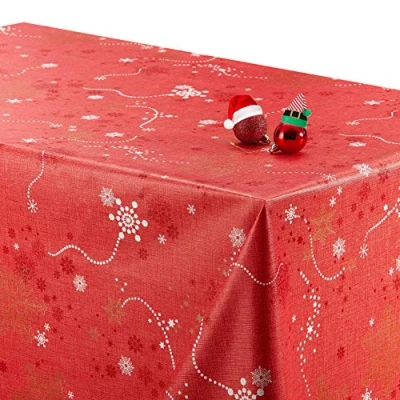 Afbeelding van rechthoekig tafelzeil 140x200 cm Rood tafelkleed Kerststerren Gemakkelijk schoon te maken PVC met gouden sneeuwvlokken Waterdicht kunststof