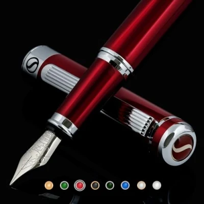Afbeelding van Deep Crimson Red Füllhalter Scriveiner mit Chromapplikationen, Schmidt Feder (fein), bestes Geschenk für Damen und Herren, Manager, Führungskräfte (Purpurrot)
