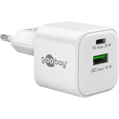 Afbeelding van goobay 65865 USB C Dual snellader Nano PD (20W) / QC A (18W) oplader voor Samsung, iPhone, iPad, MacBook, oplaadstekker, oplaadadapter stopcontact, voeding oplaadkabel, wit