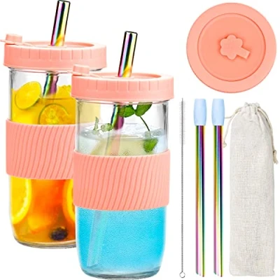 Afbeelding van Set van 2 drinkglazen met spatvast deksel en rietje, herbruikbare inmaakglas, drinkbeker, bubble theebeker, Mason Jar glas voor dranken, smoothie, beker, cocktailglas, 730 ml